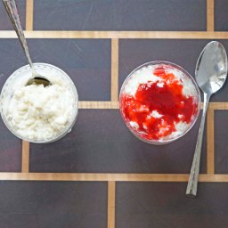 Rich Vanilla Rice Pudding with Raspberry Lime Sauce